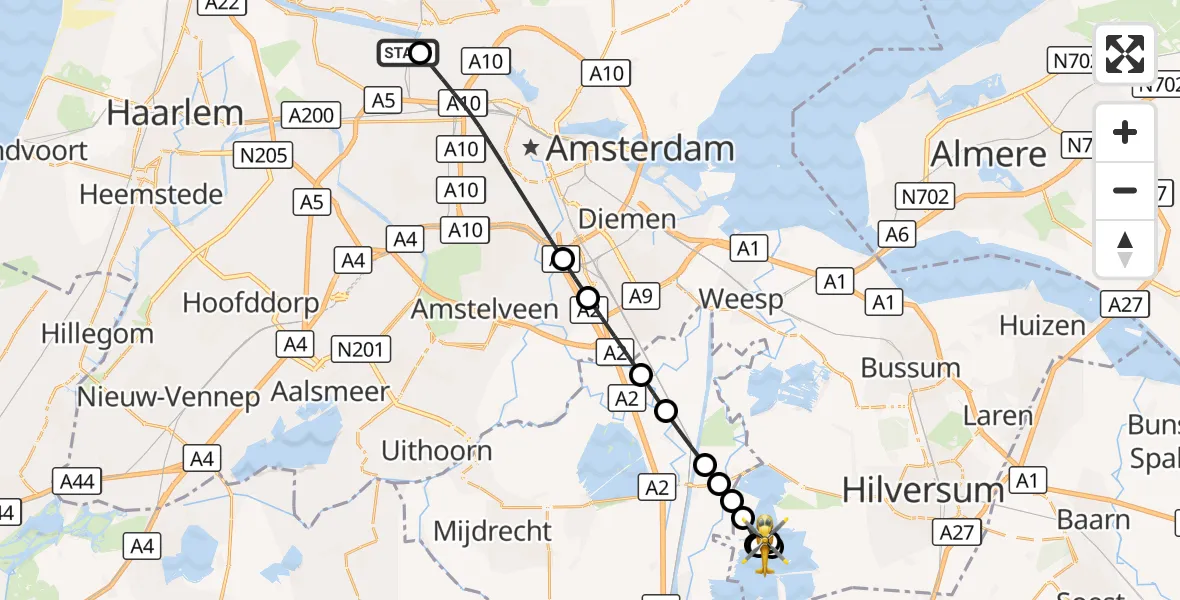 Vluchtroute Traumahelikopter Amsterdam Heliport - Loosdrecht, 23 augustus 2026, 13:00