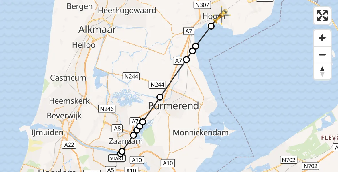 Vluchtroute Traumahelikopter Amsterdam Heliport - Hoorn, 23 augustus 2026, 14:06