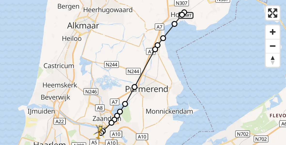 Vluchtroute Traumahelikopter Hoorn - Amsterdam Heliport, 23 augustus 2026, 14:39