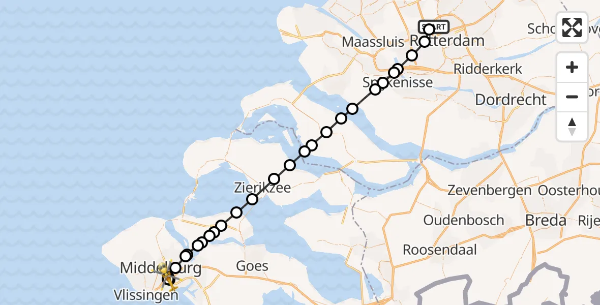 Vluchtroute Traumahelikopter Rotterdam The Hague Airport - Middelburg, 23 augustus 2026, 15:06