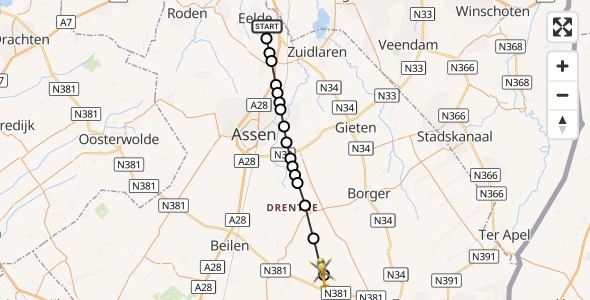 Vluchtroute Traumahelikopter Groningen Airport Eelde - Wezup, 23 augustus 2026, 15:23