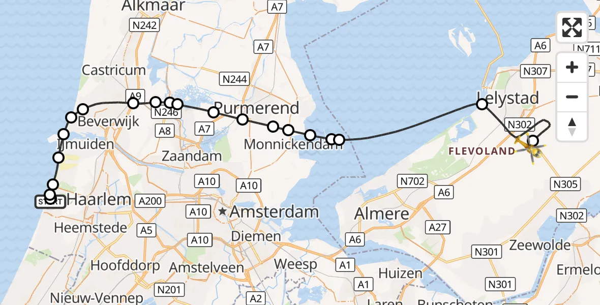 Vluchtroute Ambulancehelikopter CM.com Circuit Zandvoort Heliport - Lelystad Airport, 23 augustus 2026, 15:55