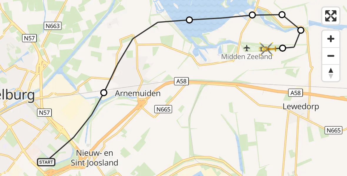 Vluchtroute Traumahelikopter Middelburg - Vliegveld Midden-Zeeland, 23 augustus 2026, 15:55