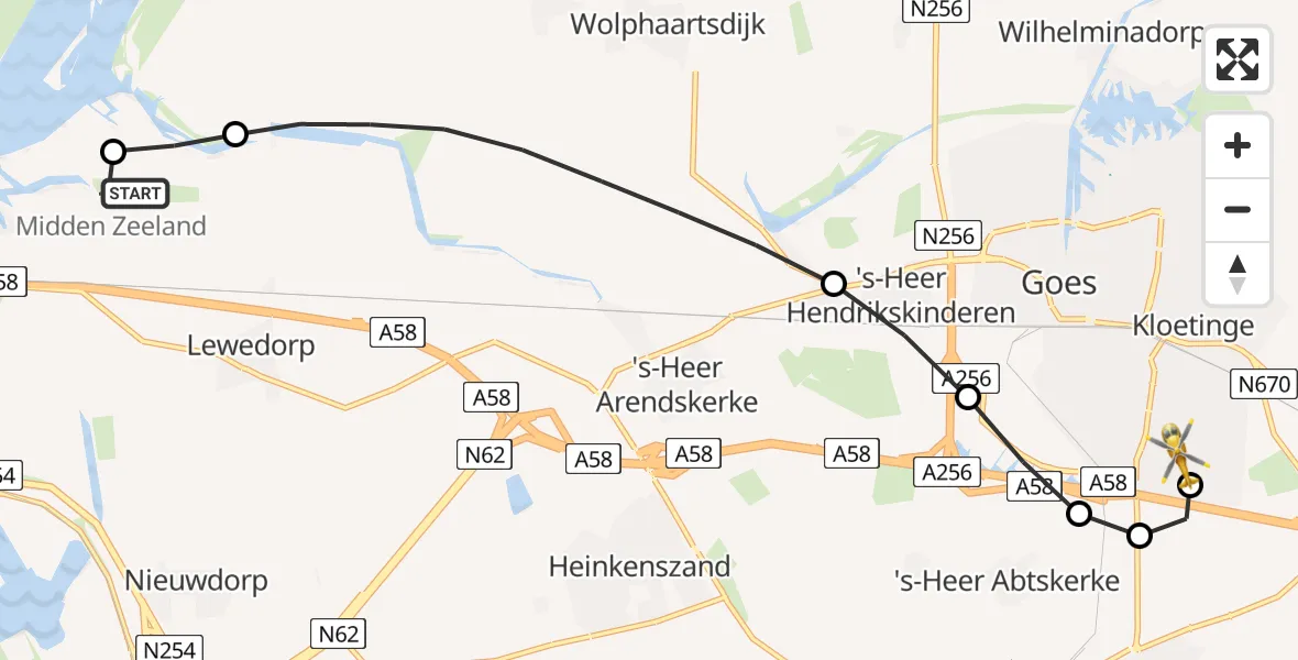 Vluchtroute Traumahelikopter Vliegveld Midden-Zeeland - Admiral De Ruyter Hospital Heliport, 23 augustus 2026, 16:11