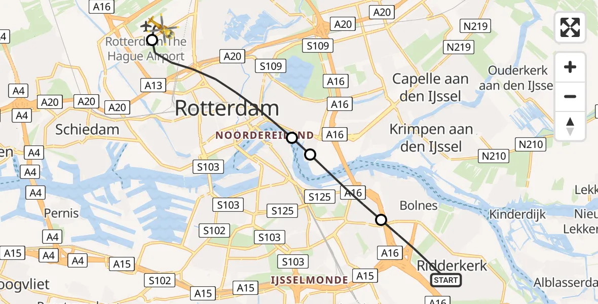 Vluchtroute Traumahelikopter Ridderkerk - Rotterdam The Hague Airport, 23 augustus 2026, 17:08