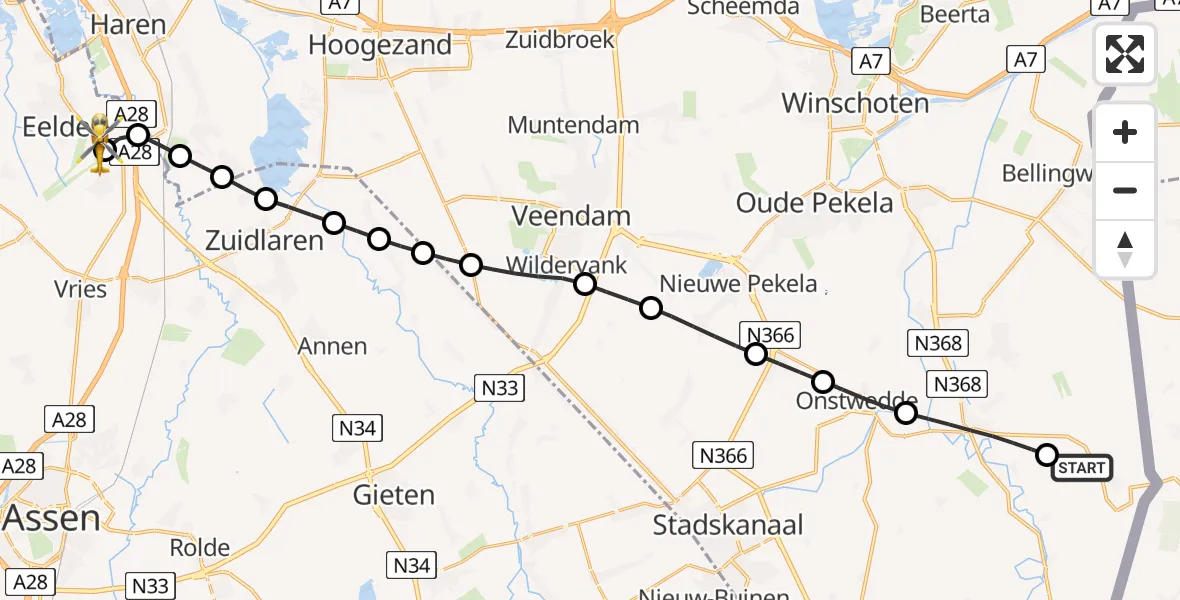 Vluchtroute Traumahelikopter Bourtange - Groningen Airport Eelde, 23 augustus 2026, 18:18