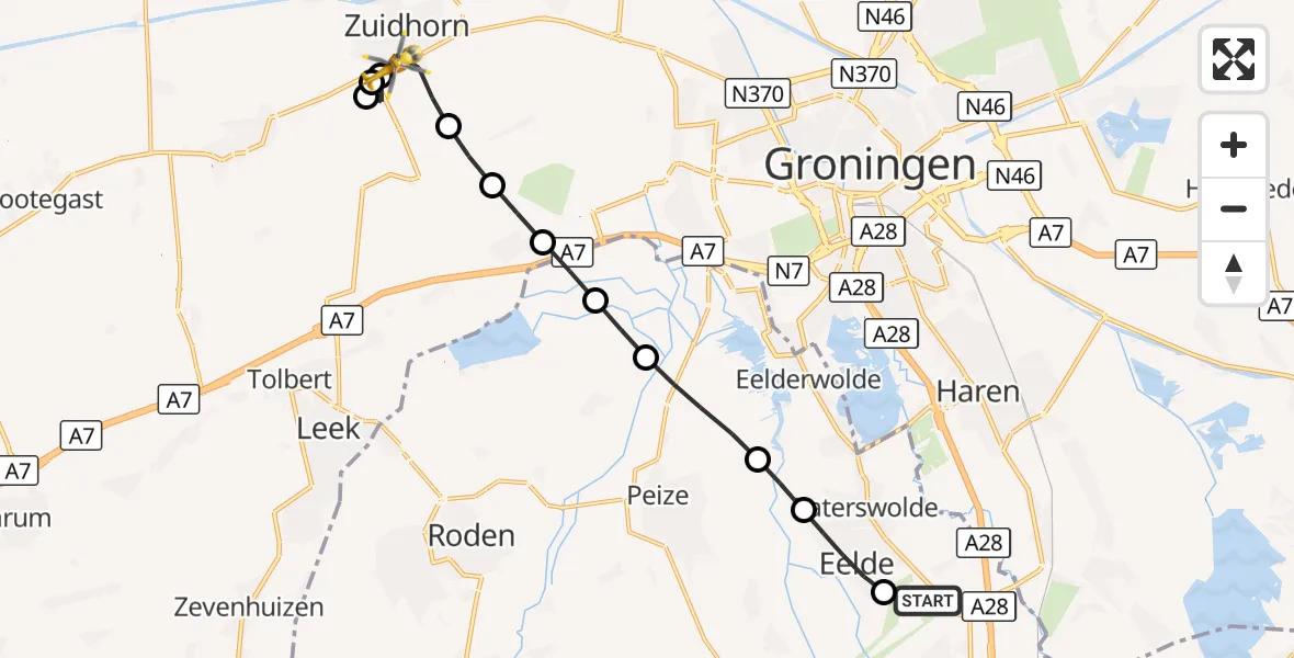 Vluchtroute Traumahelikopter Groningen Airport Eelde - Zuidhorn, 23 augustus 2026, 21:27