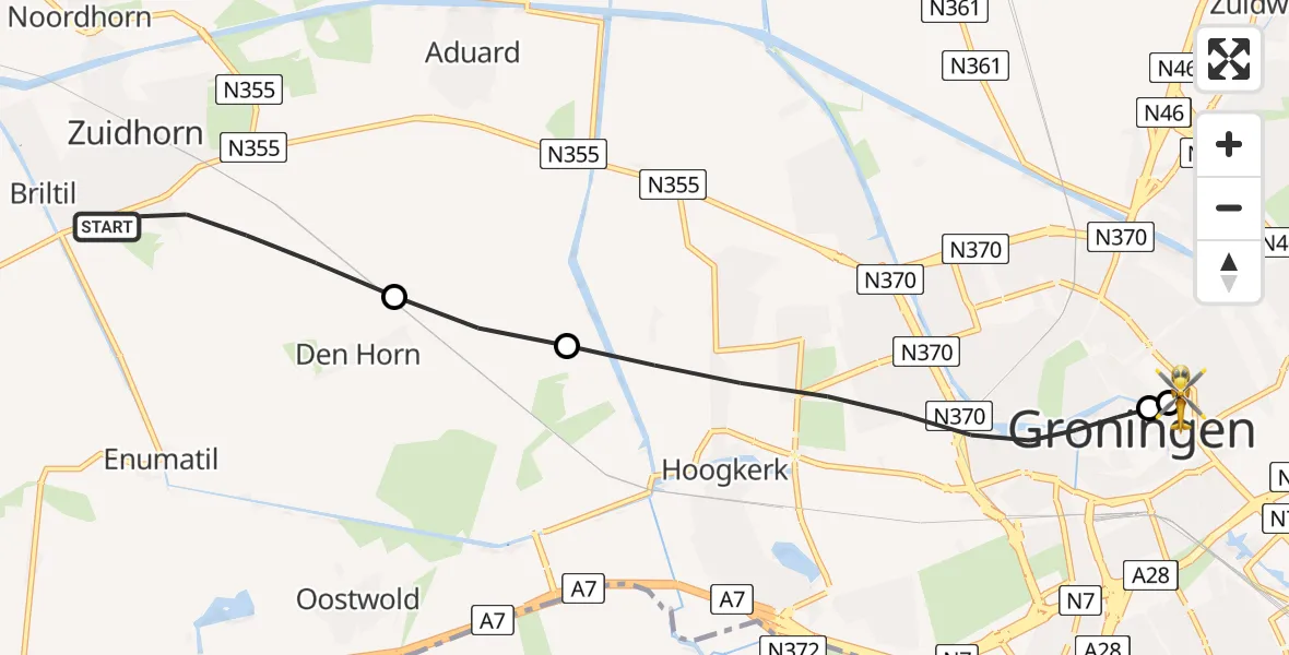 Vluchtroute Traumahelikopter Zuidhorn - Universitair Medisch Centrum Groningen, 23 augustus 2026, 22:06