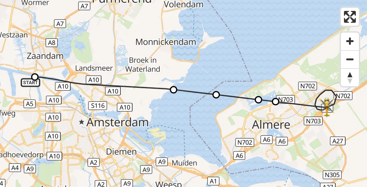 Vluchtroute Traumahelikopter Amsterdam Heliport - Almere, 23 augustus 2026, 23:52