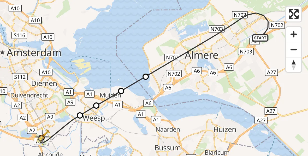 Vluchtroute Traumahelikopter Almere - Amsterdam UMC Helipad, 24 augustus 2026, 00:24