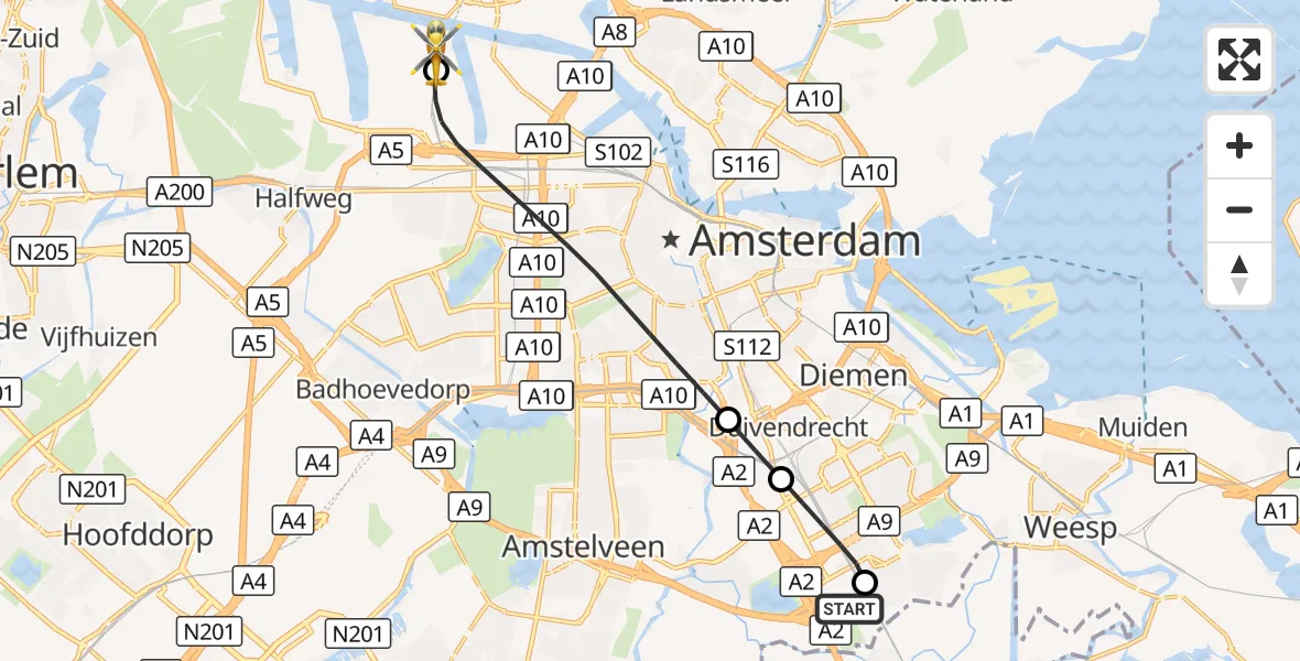 Vluchtroute Traumahelikopter Amsterdam UMC Helipad - Amsterdam Heliport, 24 augustus 2026, 00:48