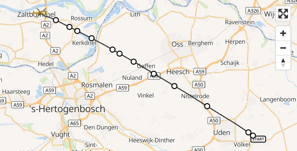 Vluchtroute Traumahelikopter Vliegbasis Volkel - Zaltbommel, 24 augustus 2026, 05:26