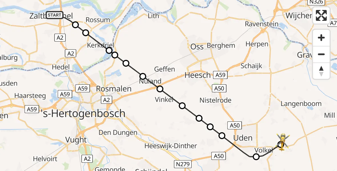 Vluchtroute Traumahelikopter Zaltbommel - Vliegbasis Volkel, 24 augustus 2026, 05:50