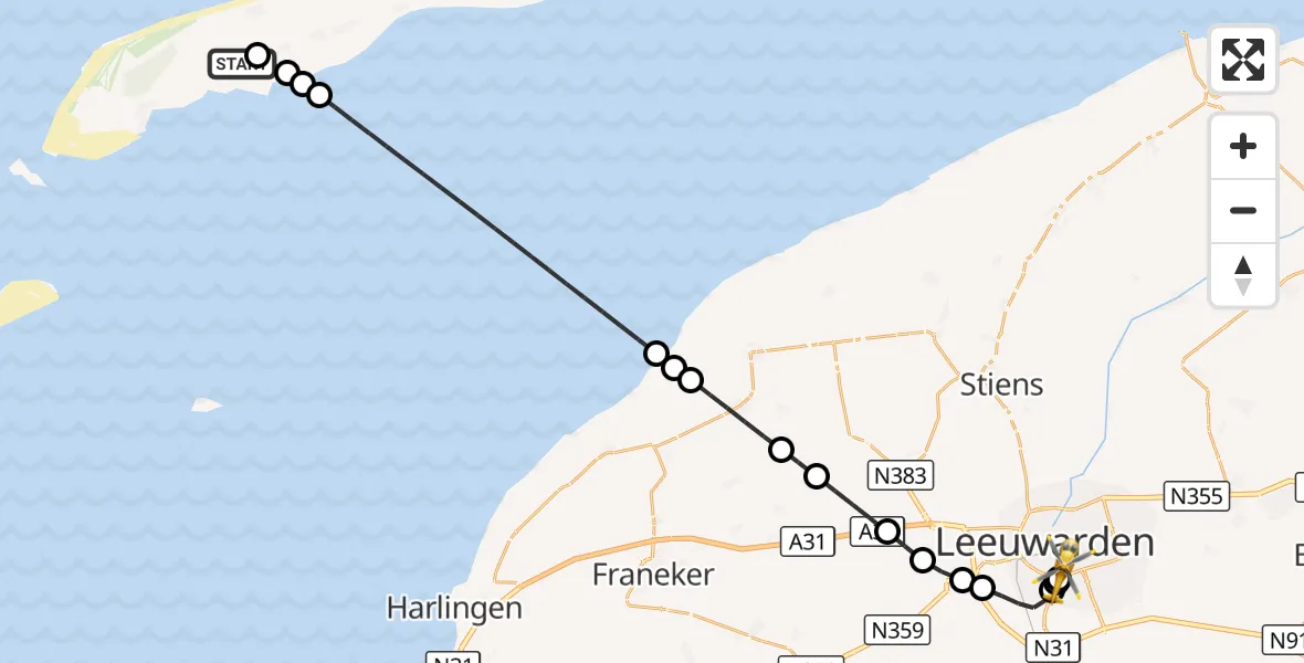 Vluchtroute Ambulancehelikopter Terschelling Heliport - Leeuwarden Medical Center Heliport, 24 augustus 2026, 07:52