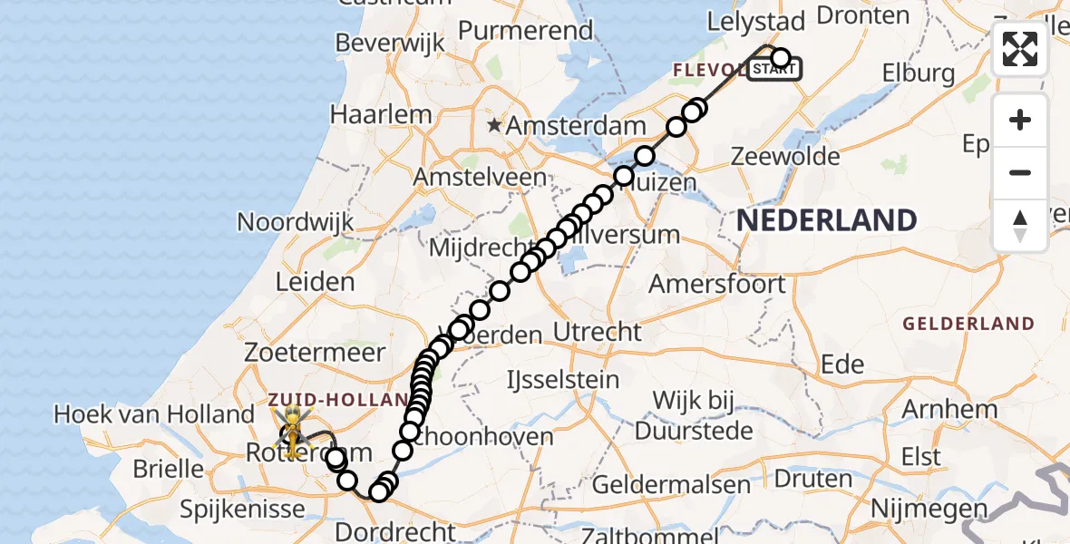 Vluchtroute Traumahelikopter Lelystad Airport - Rotterdam The Hague Airport, 24 augustus 2026, 08:09