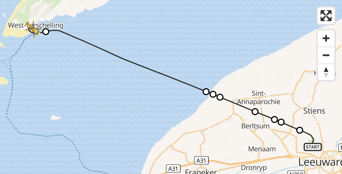 Vluchtroute Ambulancehelikopter Vliegbasis Leeuwarden - West-Terschelling, 24 augustus 2026, 09:03