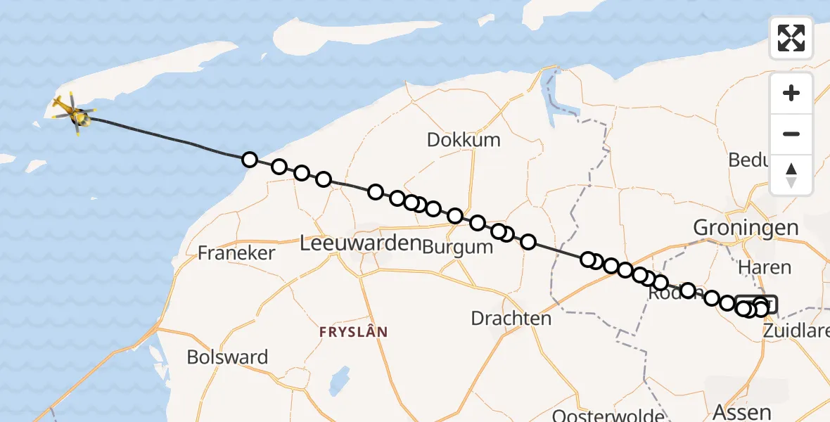 Vluchtroute Traumahelikopter Groningen Airport Eelde - West-Terschelling, 24 augustus 2026, 09:09