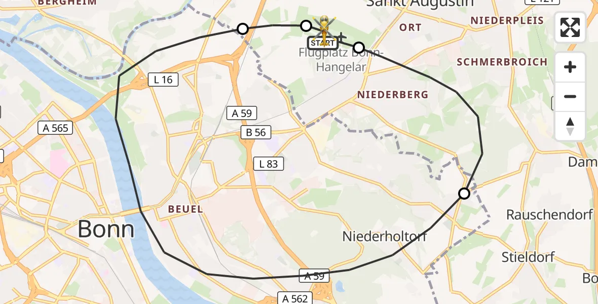 Vluchtroute Traumahelikopter Bonn-Hangelar Flugplatz - Bonn-Hangelar Flugplatz, 24 augustus 2026, 09:29