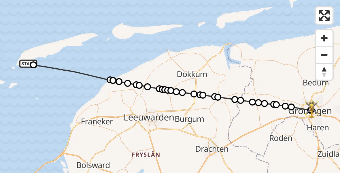 Vluchtroute Ambulancehelikopter West-Terschelling - Universitair Medisch Centrum Groningen, 24 augustus 2026, 09:56