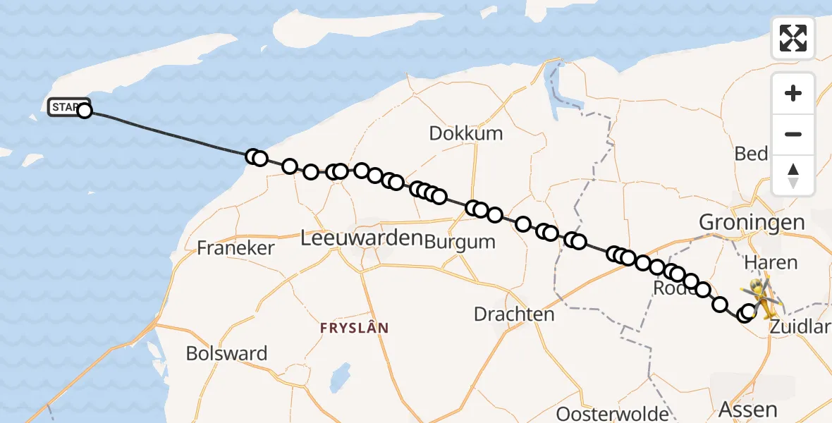 Vluchtroute Traumahelikopter West-Terschelling - Groningen Airport Eelde, 24 augustus 2026, 09:58