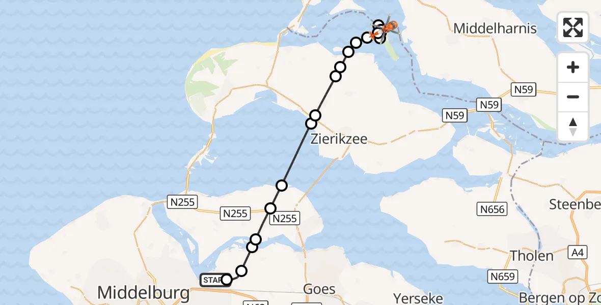 Vluchtroute Kustwachthelikopter Vliegveld Midden-Zeeland - Veermansplaat, 24 augustus 2026, 13:04
