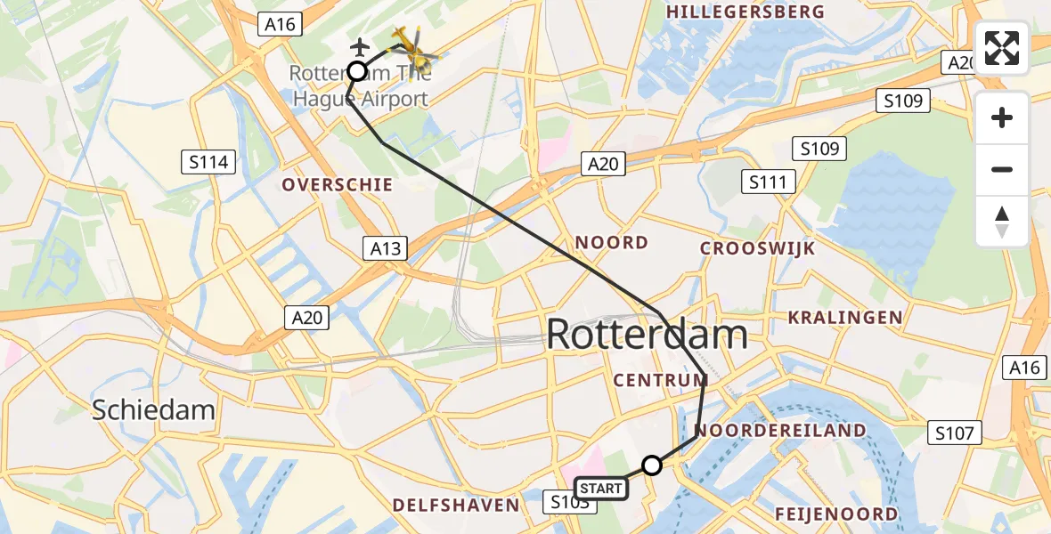 Vluchtroute Traumahelikopter Erasmus MC - Rotterdam The Hague Airport, 24 augustus 2026, 13:24