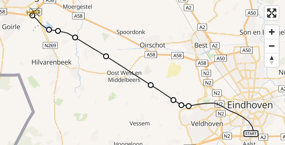Vluchtroute Traumahelikopter Eindhoven - St. Elisabeth Hospital Heliport, 24 augustus 2026, 14:08