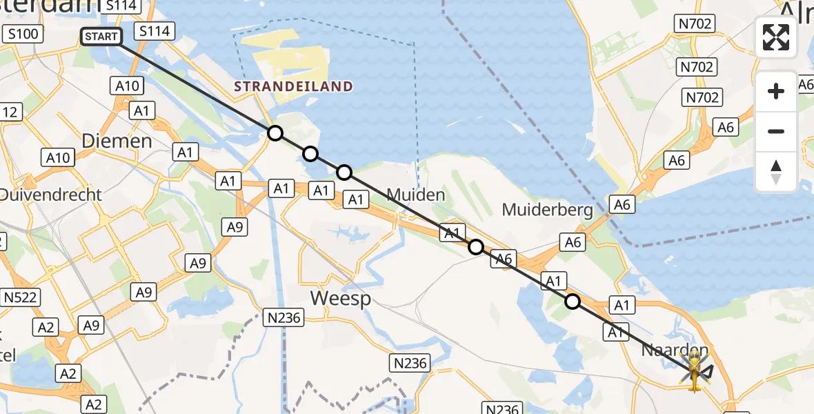 Vluchtroute Traumahelikopter Amsterdam - Naarden, 24 augustus 2026, 14:43