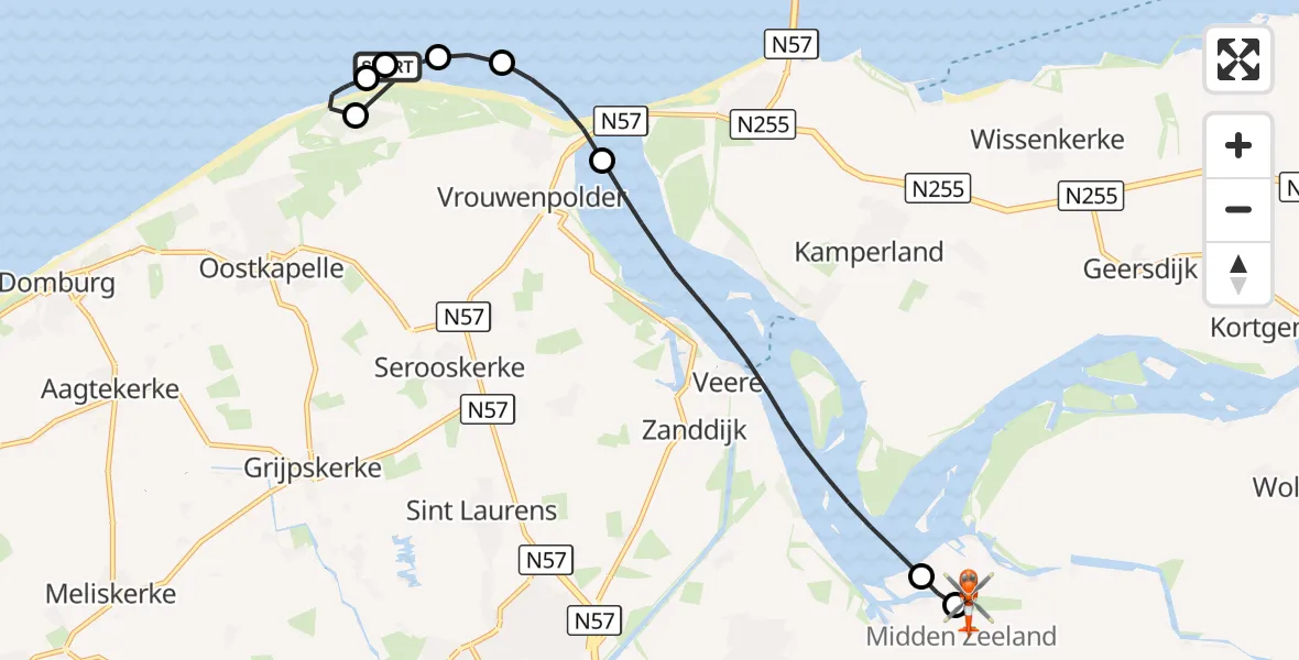 Vluchtroute Kustwachthelikopter Noordzee - Vliegveld Midden-Zeeland, 24 augustus 2026, 14:49