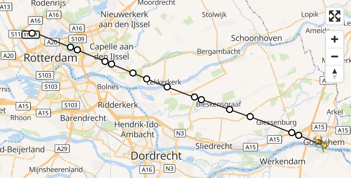 Vluchtroute Traumahelikopter Rotterdam The Hague Airport - Gorinchem, 24 augustus 2026, 15:01