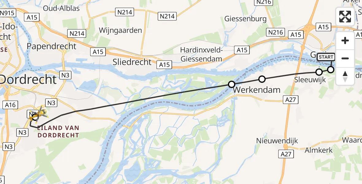 Vluchtroute Traumahelikopter Gorinchem - Albert Schweitzer Hospital Dordrecht Heliport, 24 augustus 2026, 16:07