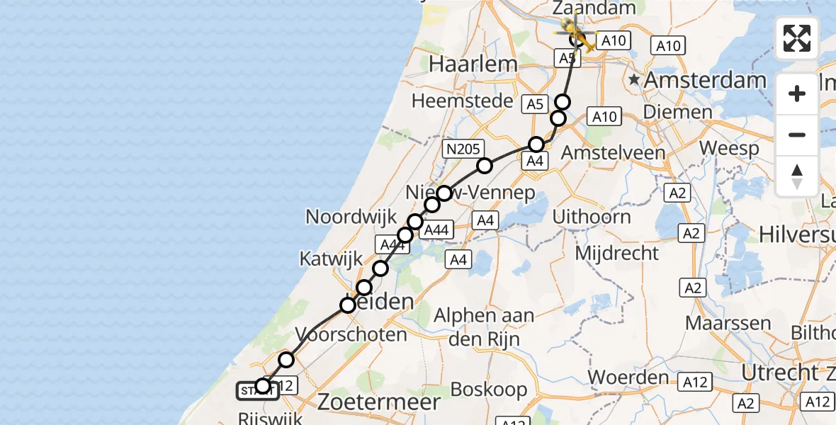 Vluchtroute Traumahelikopter HMC Westeinde Heliport - Amsterdam Heliport, 24 augustus 2026, 16:26