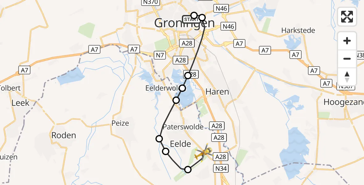 Vluchtroute Traumahelikopter Universitair Medisch Centrum Groningen - Groningen Airport Eelde, 24 augustus 2026, 16:47