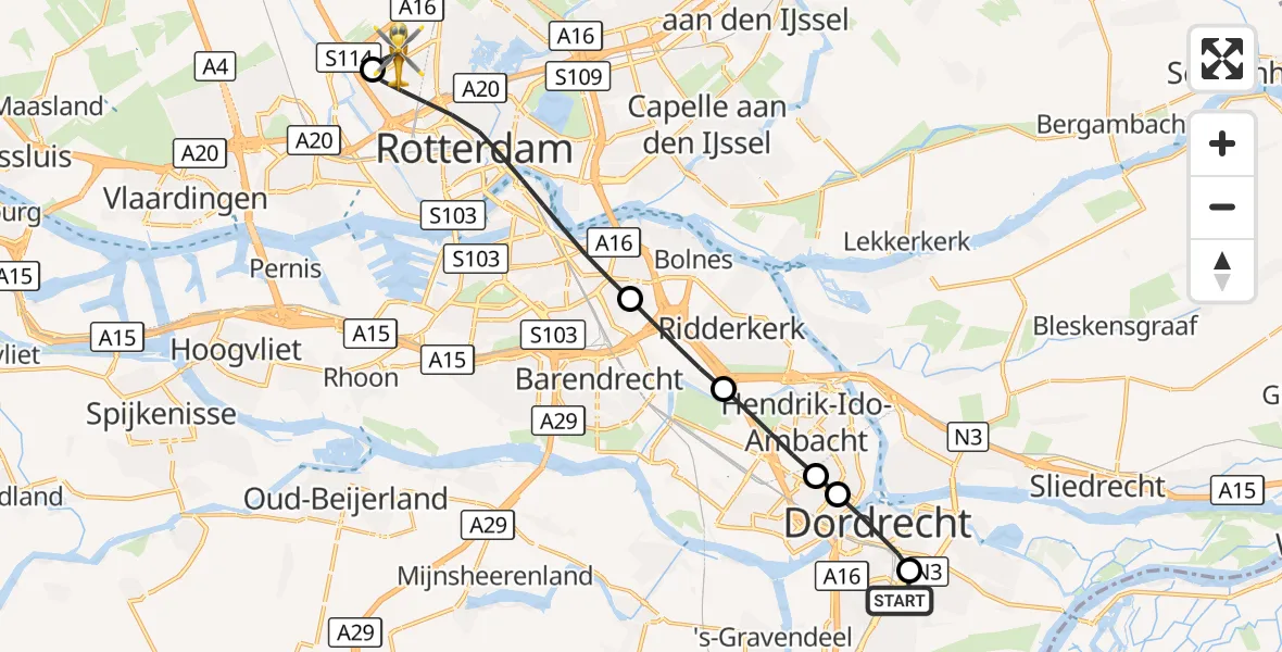 Vluchtroute Traumahelikopter Albert Schweitzer Hospital Dordrecht Heliport - Rotterdam The Hague Airport, 24 augustus 2026, 16:51