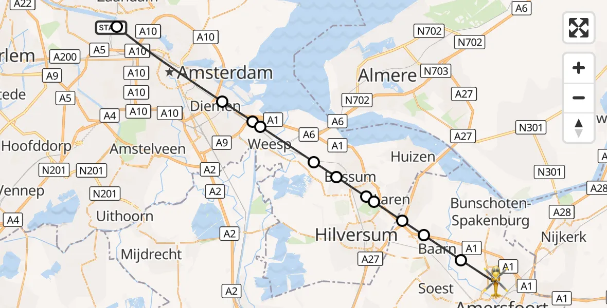 Vluchtroute Traumahelikopter Amsterdam Heliport - Hoogland, 24 augustus 2026, 18:34