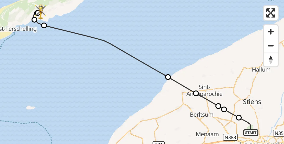 Vluchtroute Ambulancehelikopter Vliegbasis Leeuwarden - Terschelling Heliport, 24 augustus 2026, 18:52