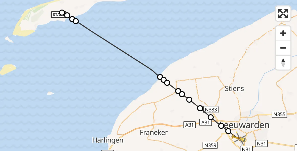 Vluchtroute Ambulancehelikopter Terschelling Heliport - Leeuwarden, 24 augustus 2026, 19:20