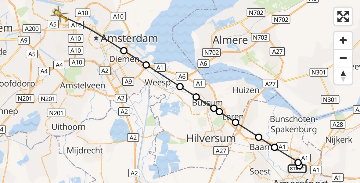 Vluchtroute Traumahelikopter Hoogland - Amsterdam, 24 augustus 2026, 19:20