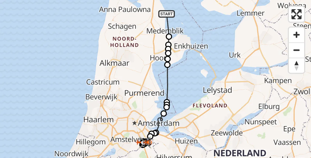 Vluchtroute Kustwachthelikopter IJsselmeer - Amsterdam UMC Helipad, 24 augustus 2026, 19:40