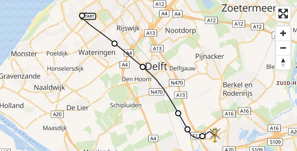Vluchtroute Traumahelikopter HagaZiekenhuis Den Haag Heliport - Rotterdam The Hague Airport, 24 augustus 2026, 20:01