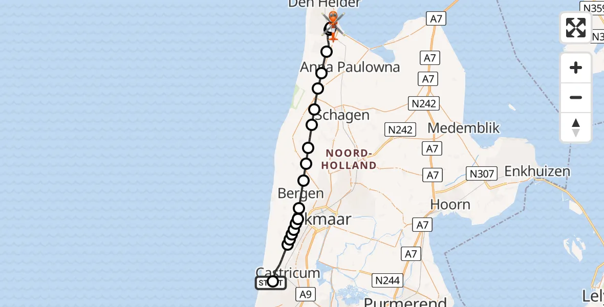 Vluchtroute Kustwachthelikopter Zweefvliegveld Castricum - Militair vliegveld De Kooy / Den Helder Airport, 24 augustus 2026, 20:53