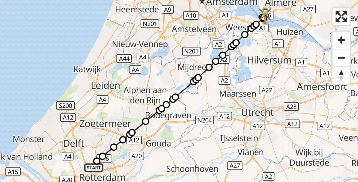 Vluchtroute Traumahelikopter Rotterdam The Hague Airport - Almere, 24 augustus 2026, 23:20