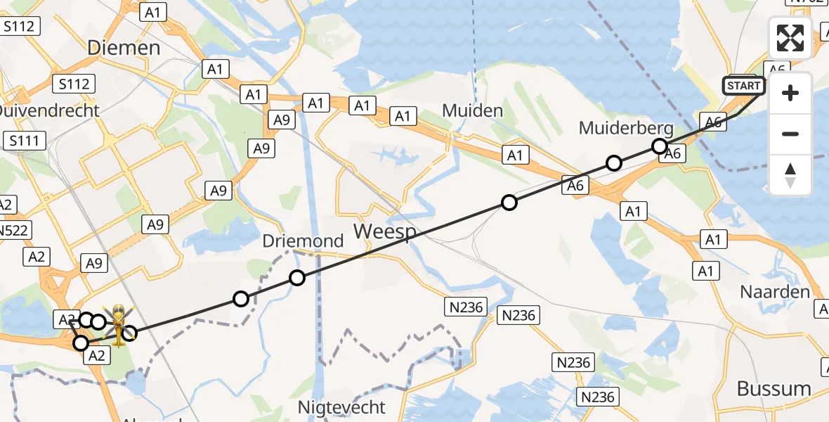 Vluchtroute Traumahelikopter Almere - Amsterdam UMC Helipad, 25 augustus 2026, 00:03