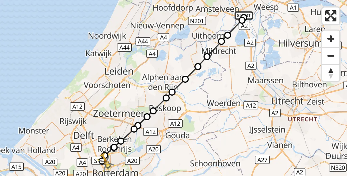 Vluchtroute Traumahelikopter Amsterdam UMC Helipad - Rotterdam The Hague Airport, 25 augustus 2026, 00:49