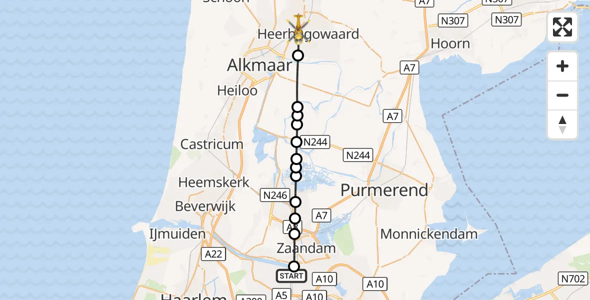 Vluchtroute Traumahelikopter Amsterdam Heliport - Heerhugowaard, 25 augustus 2026, 05:34