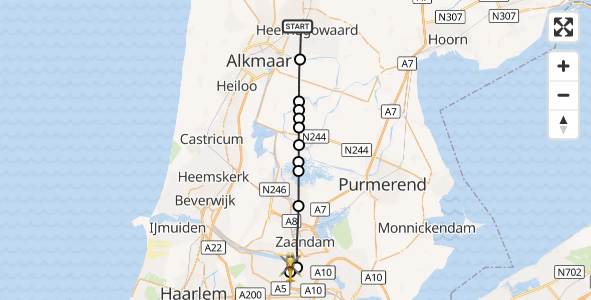 Vluchtroute Traumahelikopter Heerhugowaard - Amsterdam Heliport, 25 augustus 2026, 06:05
