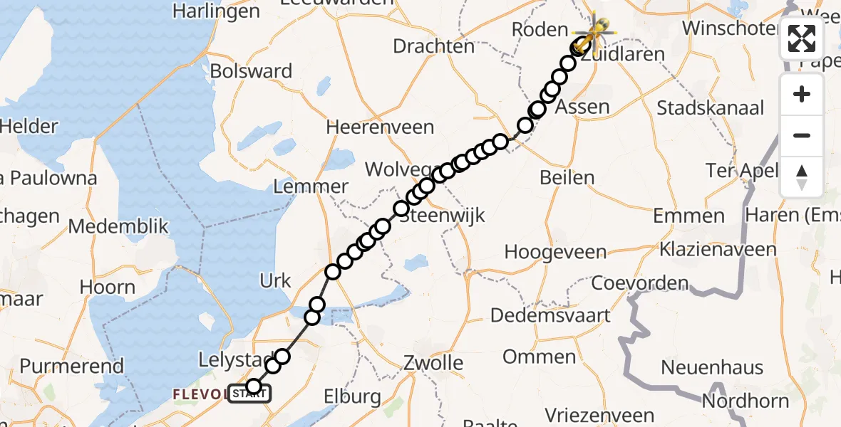 Vluchtroute Traumahelikopter Lelystad Airport - Groningen Airport Eelde, 25 augustus 2026, 06:27