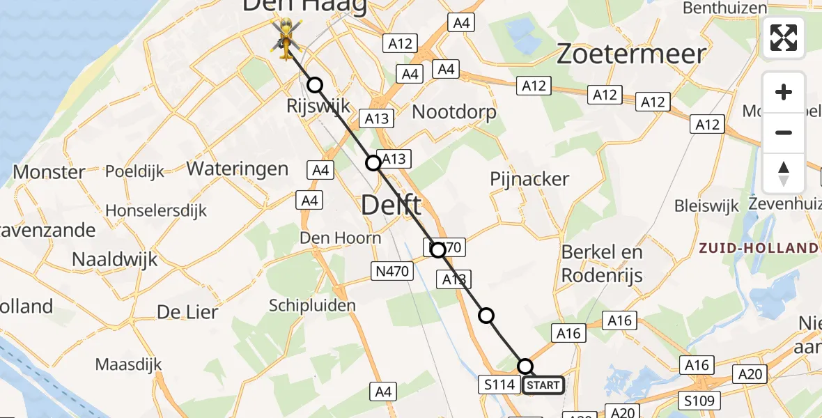 Vluchtroute Traumahelikopter Rotterdam The Hague Airport - 's-Gravenhage, 25 augustus 2026, 07:15