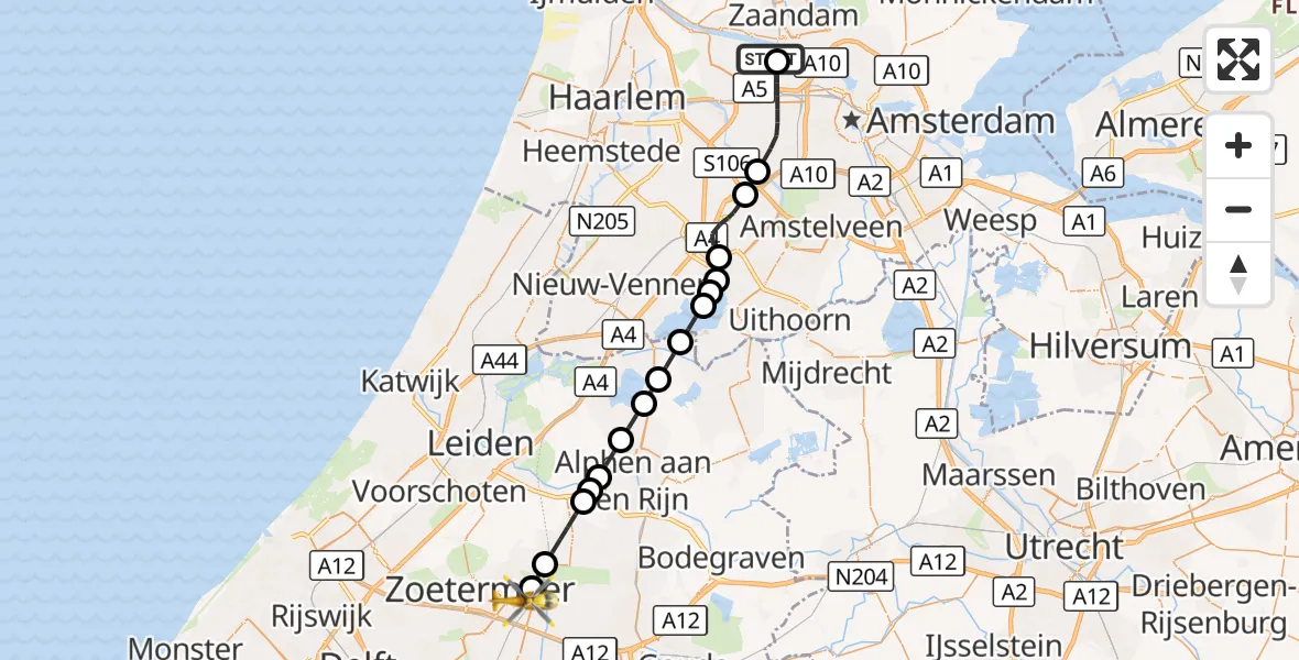 Vluchtroute Traumahelikopter Amsterdam Heliport - Zoetermeer, 25 augustus 2026, 07:21