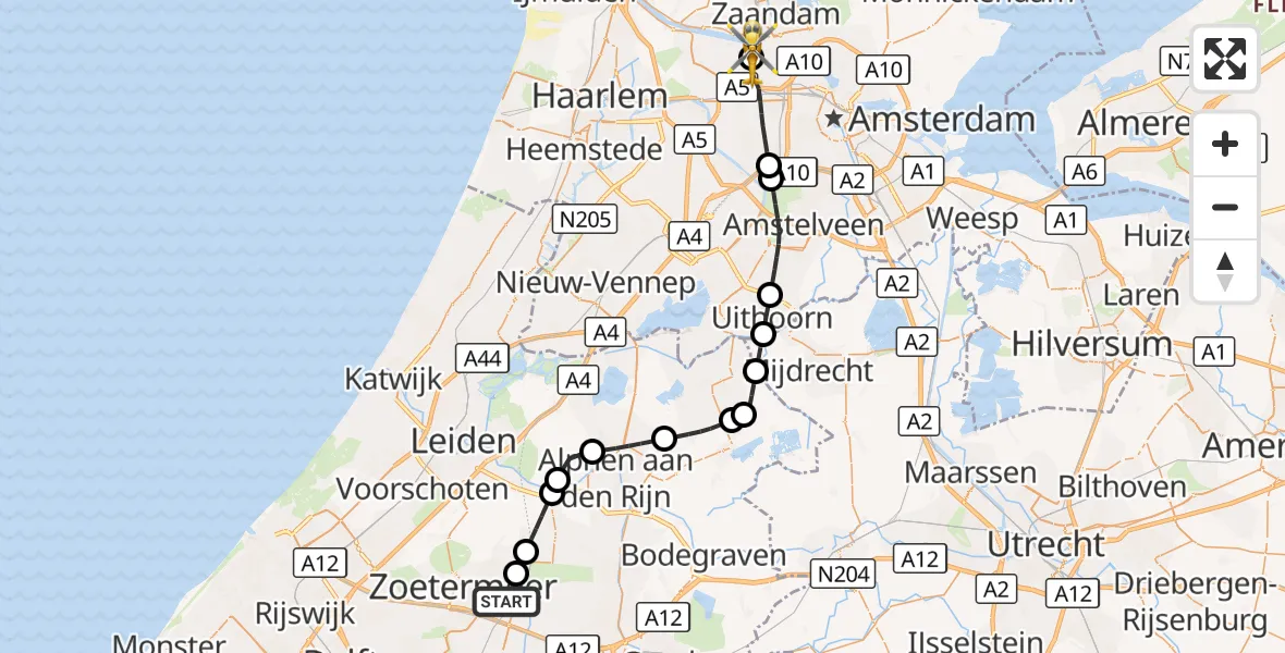 Vluchtroute Traumahelikopter Zoetermeer - Amsterdam Heliport, 25 augustus 2026, 08:26